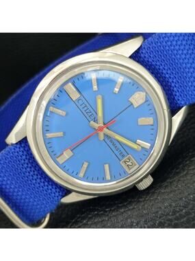 Vintage 1974 Citizen Manual Wound Mens Silver Watch W/Date & Blue accents
